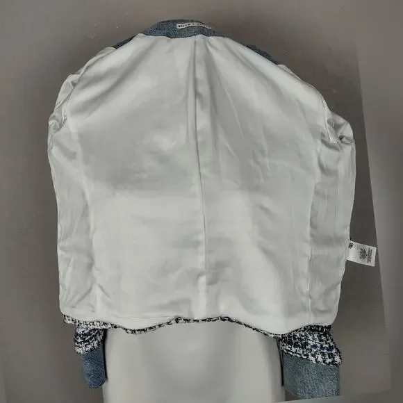 Alice + Olivia Avis Blue Tweed Denim Jean Combo Patch jacket Size Medium - Picture 15 of 16